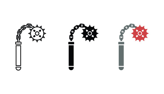 Medieval flail weapon icon set featuring linear outline solid black silhouette and red spiked ball on chain colored graphic for fantasy gaming and historical armory