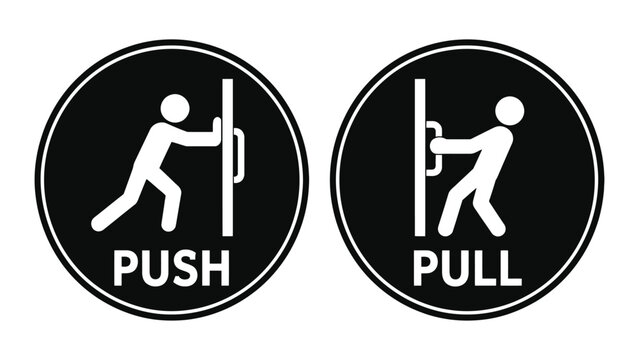 Pictogram signs for push and pull actions on doors black and white icons showing different door operation instructions minimalistic design for safety