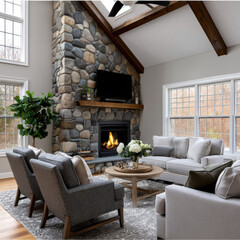 Obraz premium Modern living room with stone fireplace, vaulted ceiling, large windows, gray sofa, armchairs, coffee table, and cozy atmosphere