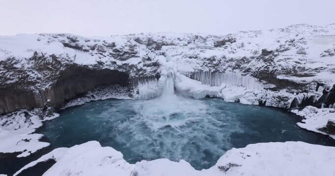 View of a frozen waterfall cascading into a turquoise pool surrounded by snow-covered basalt columns and icy cliffs in Iceland.