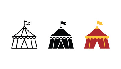 Circus tent icon set featuring big top event marquee in outline solid and flat color vector styles for entertainment and festival branding © TARU STOCKPLC