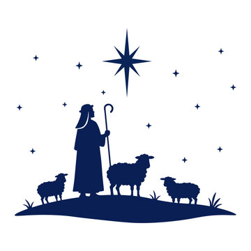 Shepherd with sheep under Bethlehem star. vector illustration