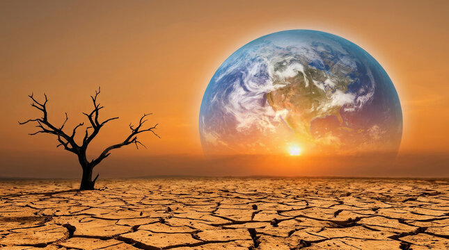 El nino climate change drought dry cracked earth under glowing planet sunset. Warming impact global. science meteorology earth, disaster global warming crisis, climate change storm, heat drought