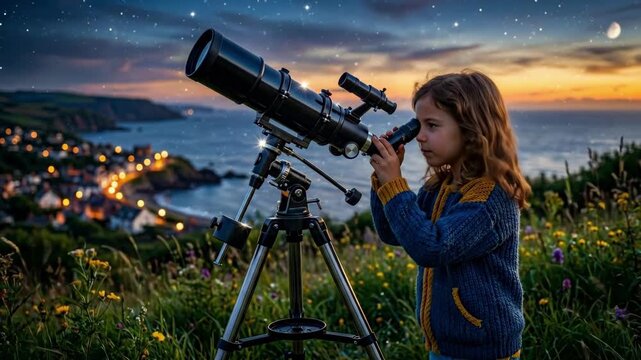 Girl peering through telescope at starry sky during sunset. Coastal cliff overlooking village with ocean. Astronomy discovery and wonder for international planetarium day exploration