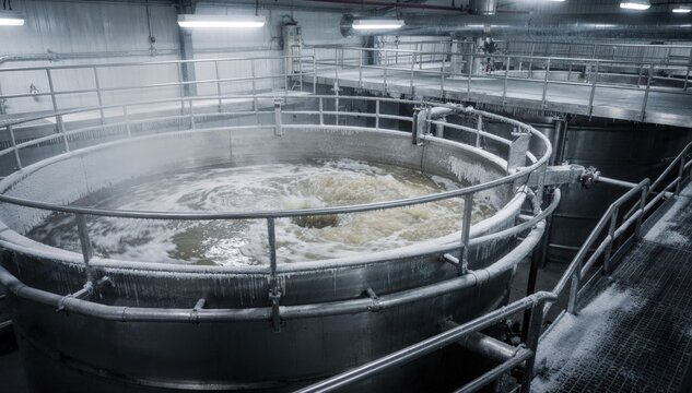 Medium shot capturing tanks mixing alum flocculant in a cold climate facility with frost visible on equipment emphasizing temperaturecontrolled water treatment production.