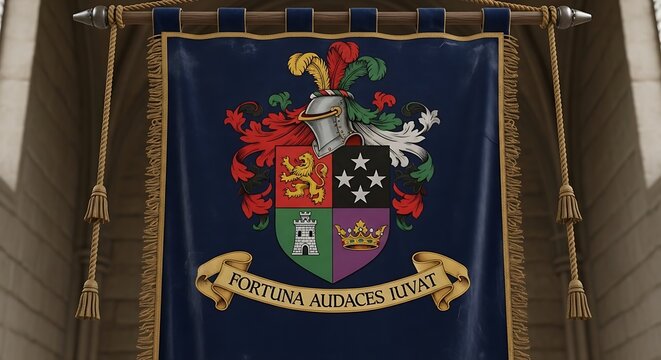 Medieval heraldic coat of arms banner displaying crest and motto