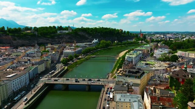 Aerial view of Austrian city of Salzburg is the birthplace of the famous composer Mozart