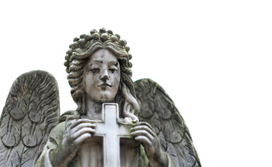 Obraz premium fragment of old angel stone statue on white background. Design for condolences, mourning card or obituary. symbol of religion, faith, death, resurrection, memory, eternity. religious image. copy space