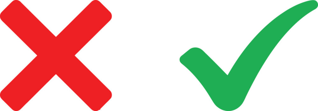 Red cross mark and green check mark symbols for business survey and task completion feedback