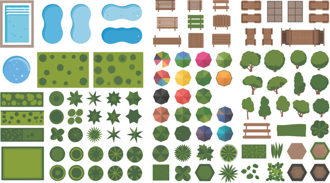Top view landscape and garden design elements collection with swimming pools and park furniture