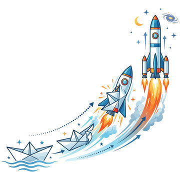Evolution from paper boat to space rocket launching into outer space
