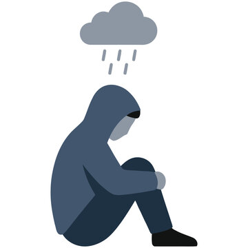 Sad person sitting alone under a rainy cloud representing depression or grief
