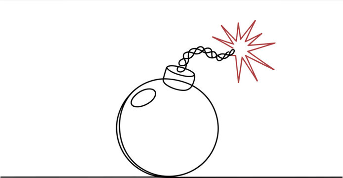 Round black bomb with a burning fuse and red explosion lines on a white background, continuous line