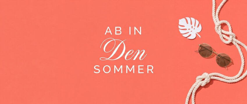 Summer banner coral flatlay with German text Ab in den Sommer, sunglasses, palm monstera leaf, and marine rope. Minimalistic travel holiday concept banner with copy space for beach vacation promo.