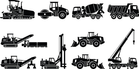 Obraz premium Heavy Construction Machinery Silhouette Icon Set for Industrial Engineering and Building Projects