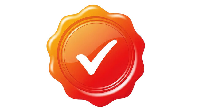 a red and orange seal with a white check mark