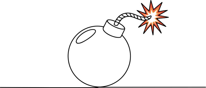 Round black bomb with a burning fuse and orange explosion lines on a white background, continuous