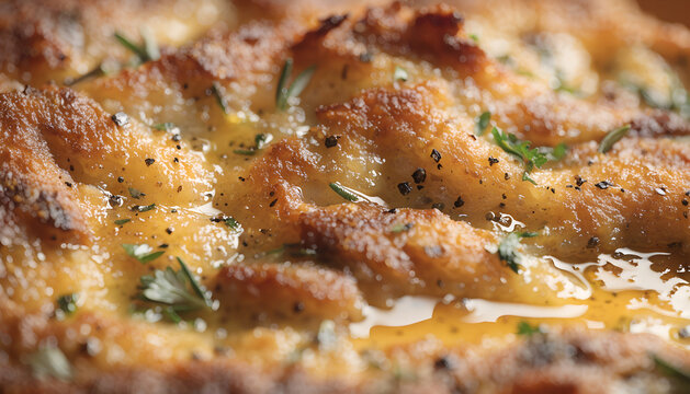 Buttery crust with herb flecks (rosemary, thyme, parsley) and cracked black pepper, tiny streaks of pan jus shining in the crevices
