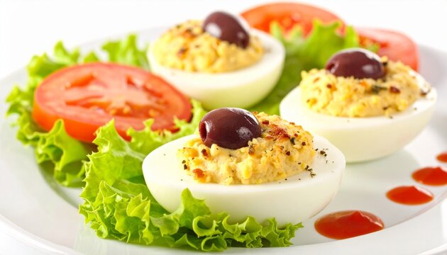 Boiled stuffed eggs with cheese filling and olives, served with lettuce and tomatoe sause