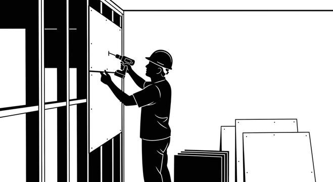 Construction worker installing drywall with a drill, interior renovation, home improvement