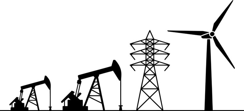 Silhouette of oil pump jacks, power lines, and wind turbine in a row on a white background