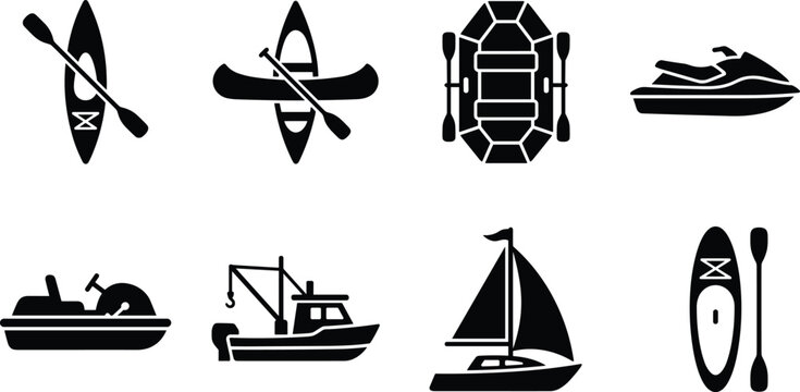 Watercraft and Paddling Silhouette Set with Kayak Sailboat and Jet Ski