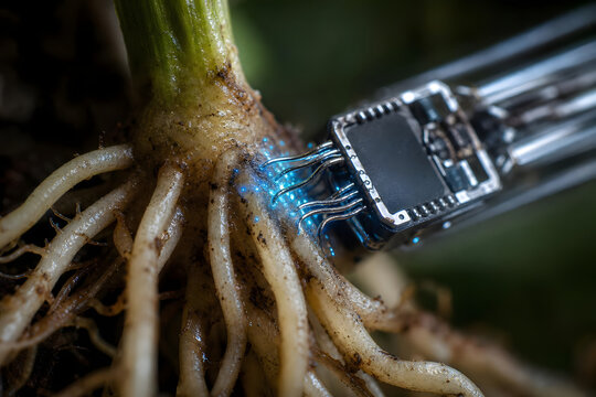 Macro detail of bio-integrated circuit connecting with plant roo