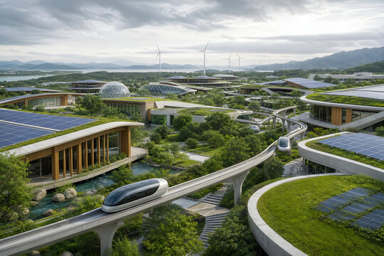 Expansive futuristic research campus with sustainable architectu