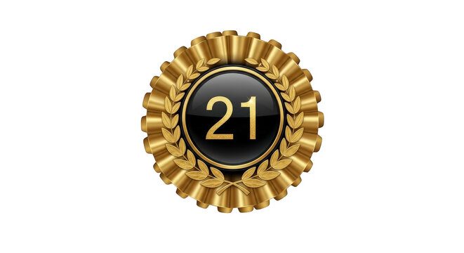 a gold and black rosette with the number twenty one
