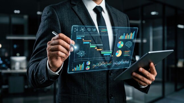 Businessman using futuristic holographic interface for project management and data analysis with charts and graphs