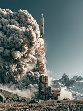 Intercontinental ballistic missile launching from military truck in rocky mountain area with huge thick smoke cloud trailing behind ascending rocket