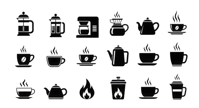 collection of black silhouette tea and coffee icons