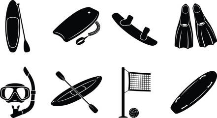 Water Sports Equipment Silhouette Set with Paddle Board Kayak and Snorkeling Gear © Ayesha