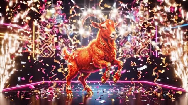 Red fire goat prancing in neon disco. Chinese zodiac symbol for 2027 new year. Festive party celebration with confetti streamers and disco balls