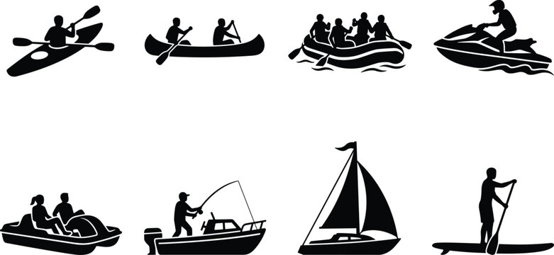 Water Sports Activity Silhouette Set with Kayaking Sailing and Jet Skiing