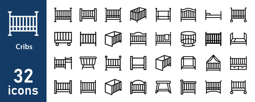 Cribs and Baby Beds Line Icons Set. Collection of nursery furniture, infant sleep, and child care symbols.