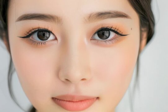 目を閉じて微笑む女性のまつ毛クローズアップ美容動画