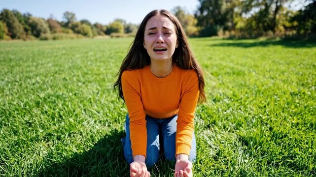 Woman kneeling in green field with outstretched hands and tearful expression. Symbol of maternal grief and loss. Awareness for international day of missing children