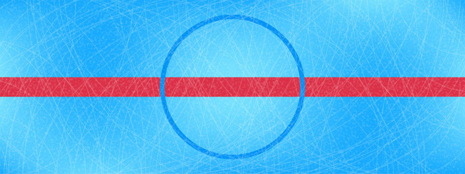 Hockey rink's center ice texture background with a close-up of the red line passing through the blue face-off circle on a scratched ice surface