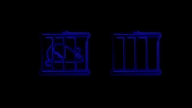 Glowing Blue Neon Line Icon of a Mouse or Rat Inside a Cage and an Empty Cage Isolated on Black Background Cyberpunk Futuristic Style Loop Concept Art