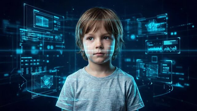 Boy surrounded by holographic digital displays. Young child interacting with virtual interfaces and 3D models. Future technology concept for searching and child awareness in international missing