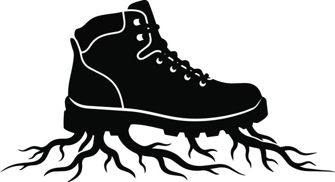 Hiking boot with organic roots growing from the sole