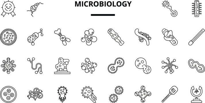 Microbiology Icons Set with Various Microorganisms and Laboratory Equipment
