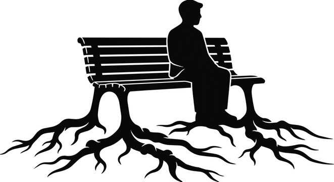 Man sitting on a park bench with roots extending deep