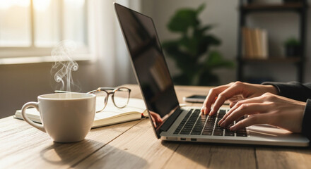 Fototapeta premium Hands typing on a laptop next to a steaming cup of coffee