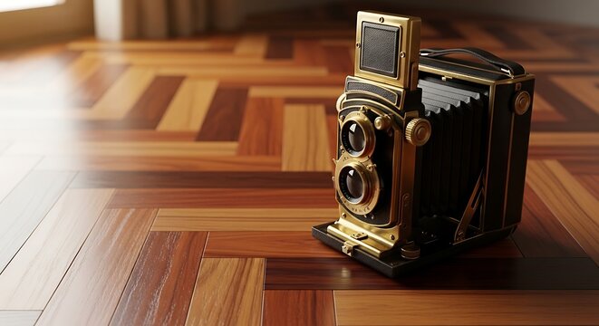 Vintage camera on polished wooden floor with natural light