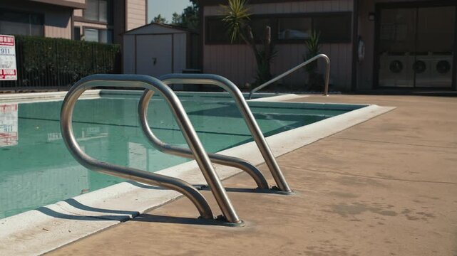 Metal pool handrails with warning sign reflections in water and laundromat in background on sunny day