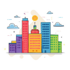 Fototapeta premium Colorful flat city skyline with sun and clouds