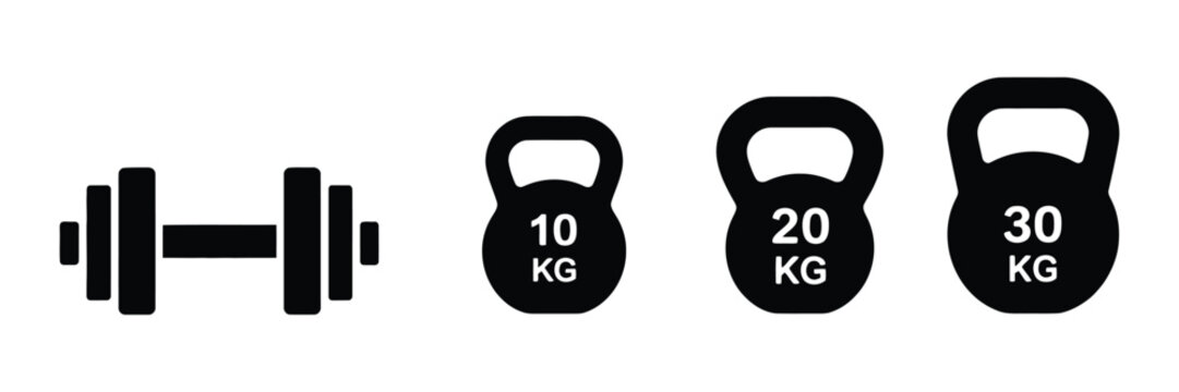 dumbbell and kettlebell icon set, weightlifting and fitness equipment collection, gym training and bodybuilding concept, simple black silhouette vector design isolated on white background.