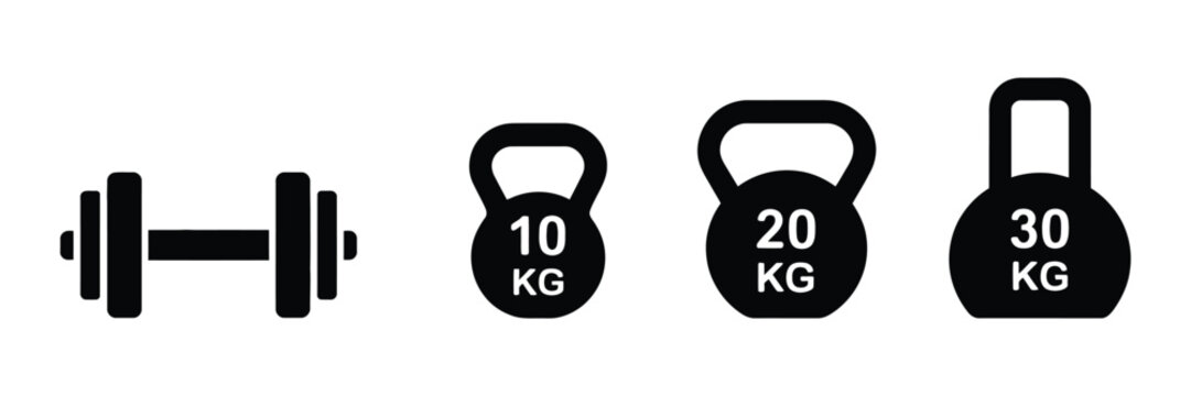 set of training equipment dumbbell icon collection, kettlebell and heavy kg dumbbell symbols, fitness gym workout and strength training concept, clean modern vector illustration.